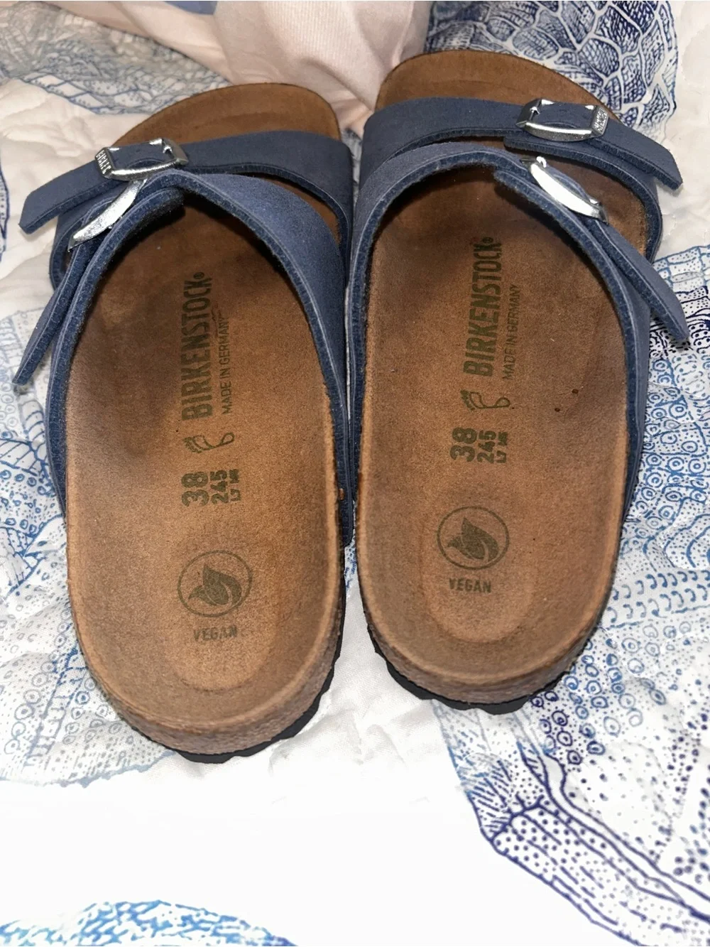 Birkenstock Two-Strap Sandals in Blue with Brown Footbed size 38=7/7.5
